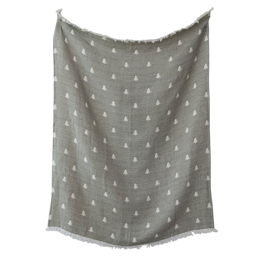 Cotton Double Cloth Throwwith Trees,Eyelash Fringe & Available Within 3-5 Weeks