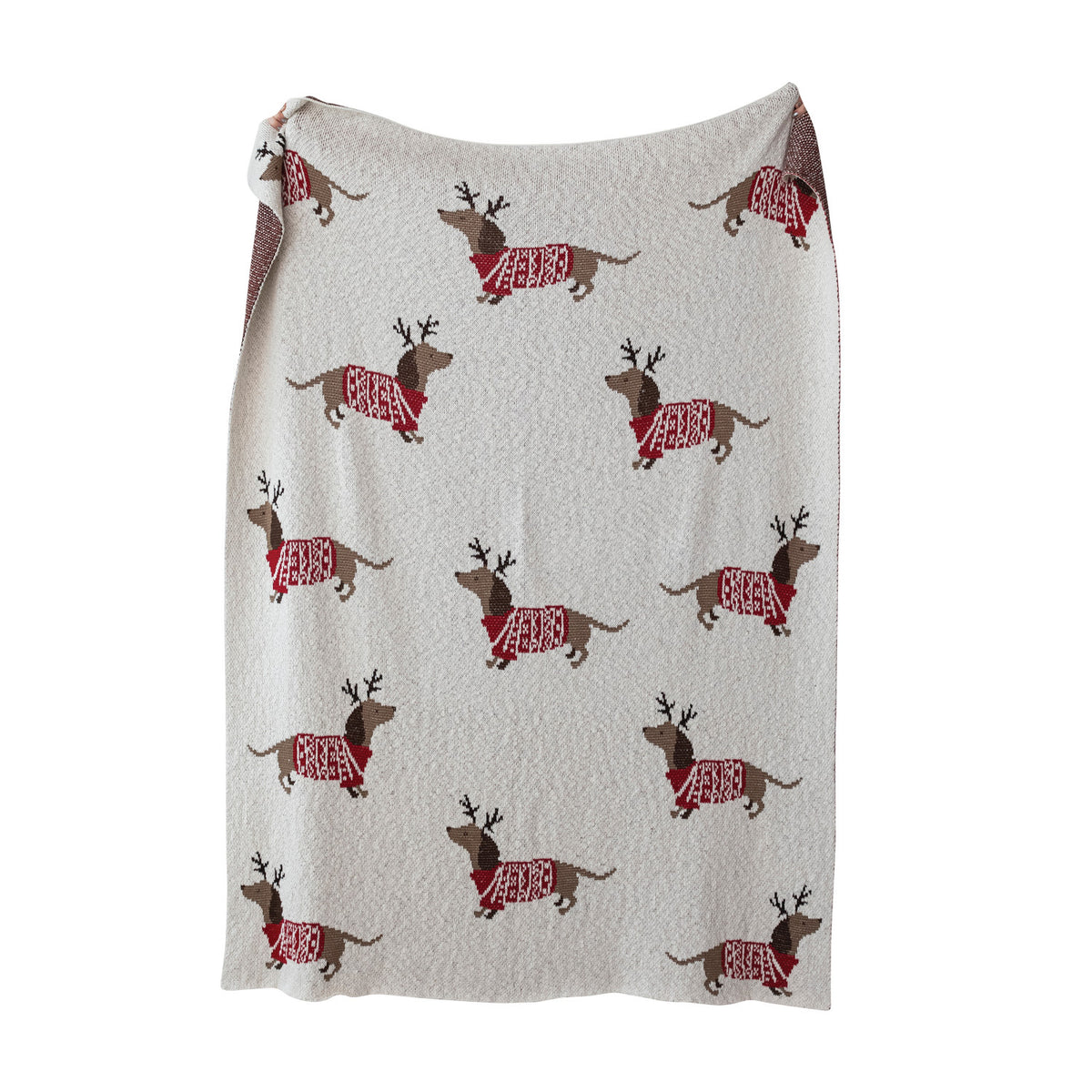 Cotton Knit Throw with Daschunds in Antlers & Sweaters, Natural, Red